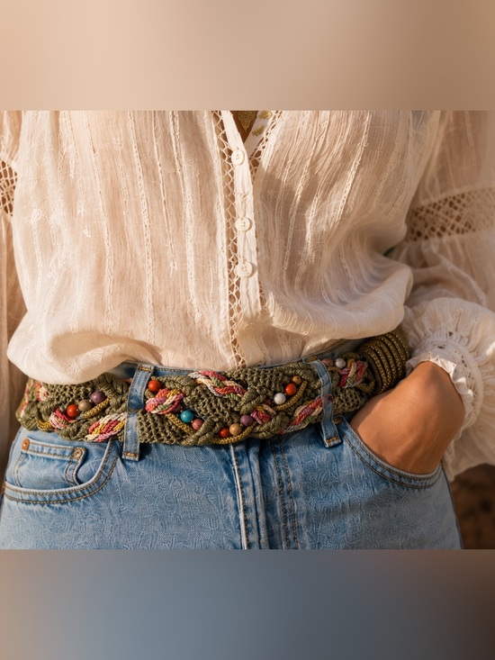 Vintage Accessories - Rare Vintage 80s Bohemian Macramé Belt with Decorative Beadwork